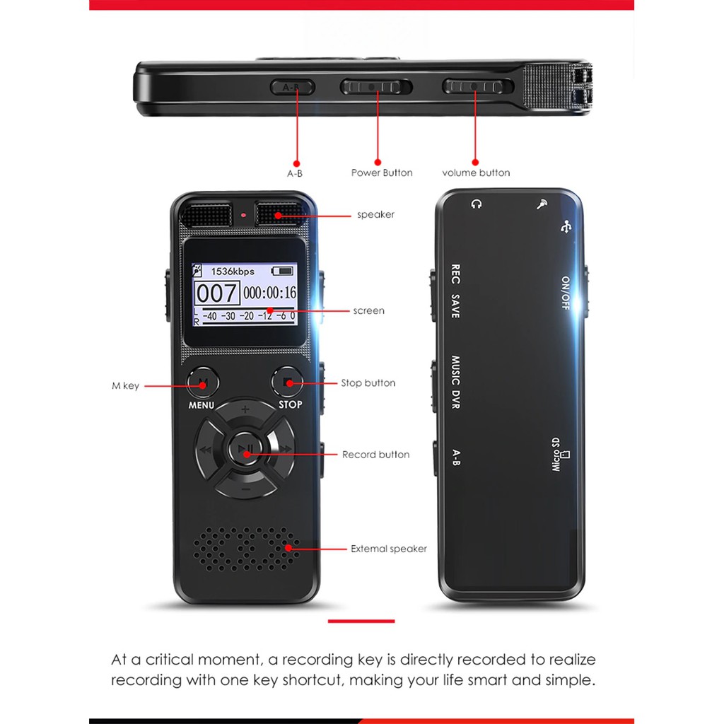 VR520 - Portable Digital Audio Voice Recorder 8GB - Support Micro SD