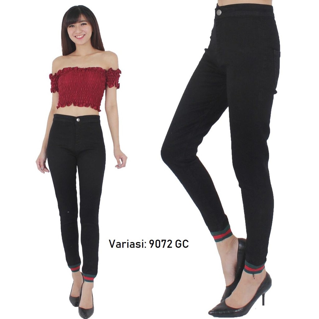 HOPYLOVY SALE - Celana Jeans Stretch Highwaist Wanita List Kaki Karet