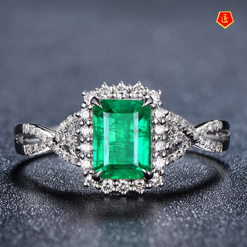 [Ready Stock]Inlaid Square Emerald Diamond Ring Fashionable Elegant