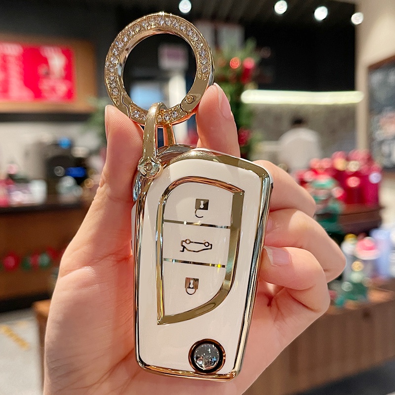 Tpu Desain Tepi Emas Toyota Fortuner Innova Key Cover Remote Mobil Fob Key Case Holder Shell Gantungan Kunci Untuk Toyota Yaris Hilux Vellfire Altis Auris Innova