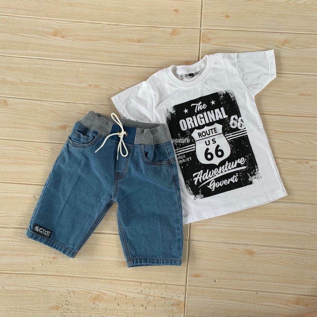 Setelan Jeans Anak Laki Laki Kaos Distro Anak Laki Baju Anak Cowo 1-12 Tahun Gv Route 66 Putih Keren