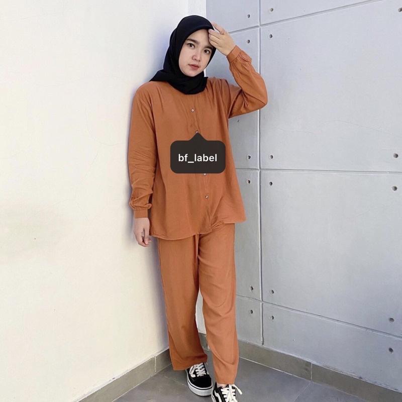 NARA SET | One set rayon polos basic celana panjang kemeja panjang sleepwear piyama by @bf_label BF Label-2