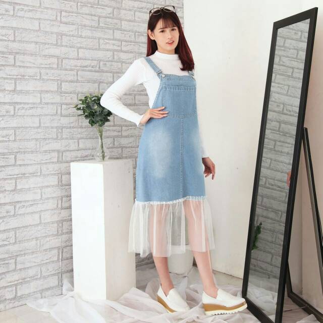 (NEW) DRESS JEANS WANITA MIDI OVERALL KOMBINASI TILE