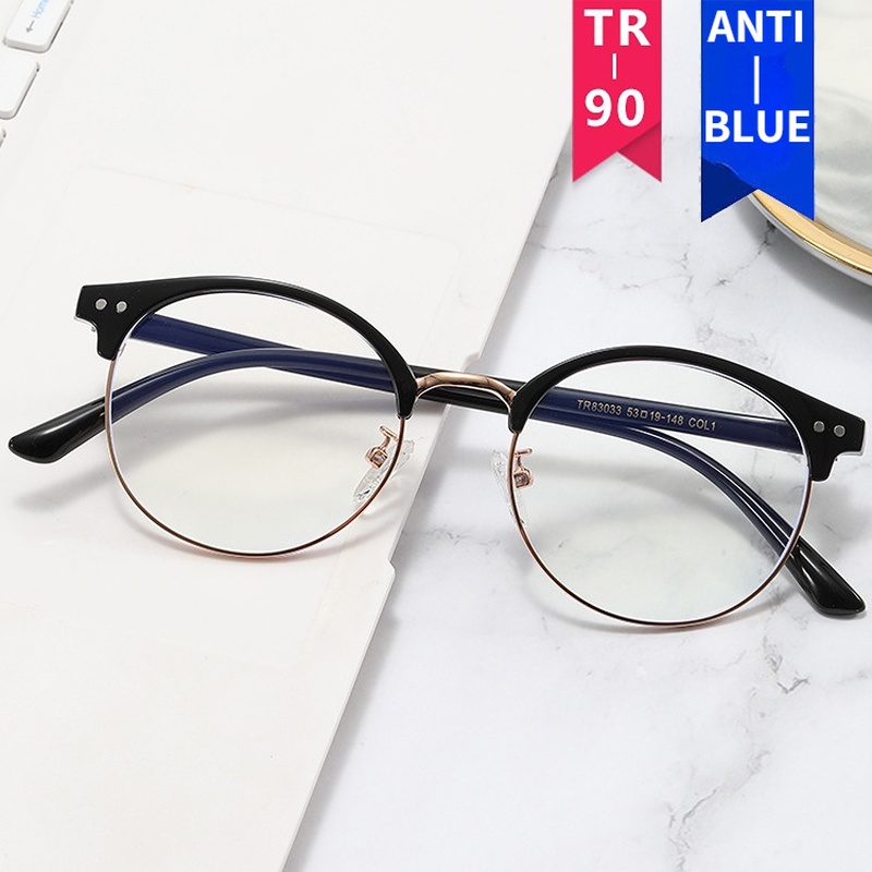 (YUZHU) Tr90 Kacamata Frame Setengah Lensa Anti Blue Light Gaya Retro Untuk Pria / Wanita