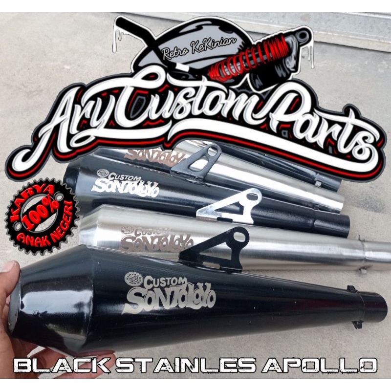 Knalpot custom Stainles w175 japstyle bobber caferacer bratstyle tiger gl pro cb 100 megapro scorpio dll besi arnium-Black stainles apolo