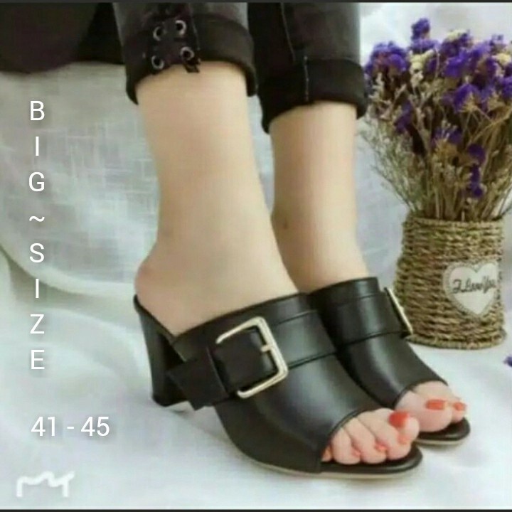 Sandal Heels Wanita Ukuran Jumbo besar Hak 7cm Ukuran no 41-42-43-44-45 sendal heel selop hitam cewek modis elegant mewah murah