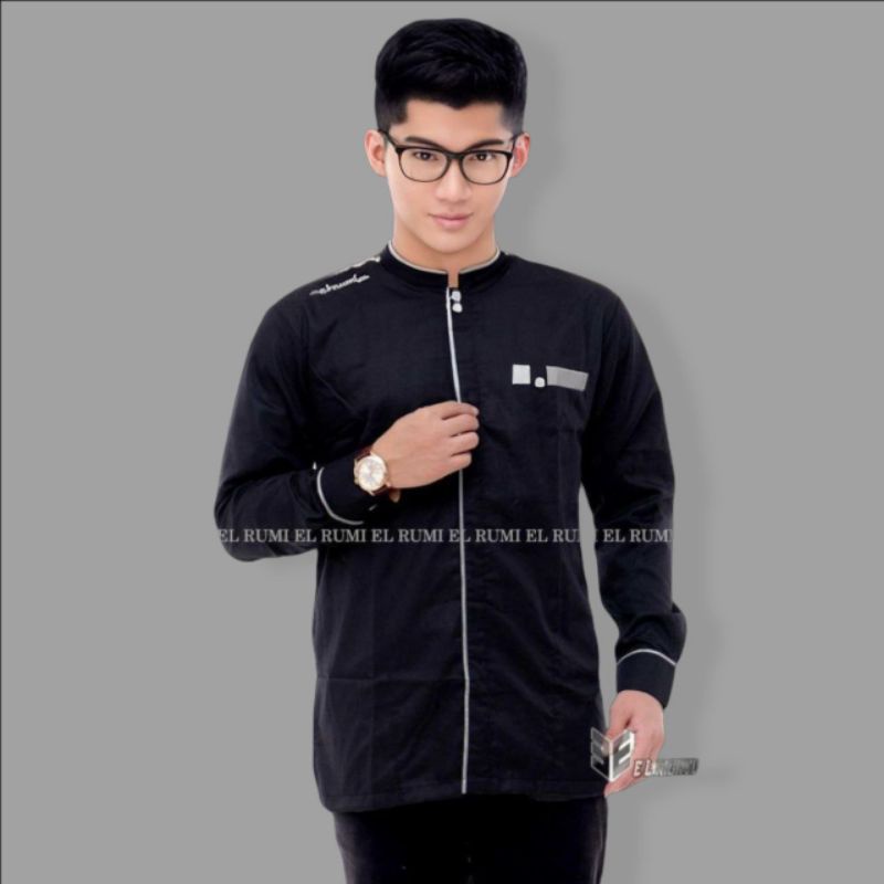 Baju Muslim Pria Dewasa Koko Lengan Panjang Putih Motif Yisunsin Elrumi Berkualitas-Yss Panjang Hitam