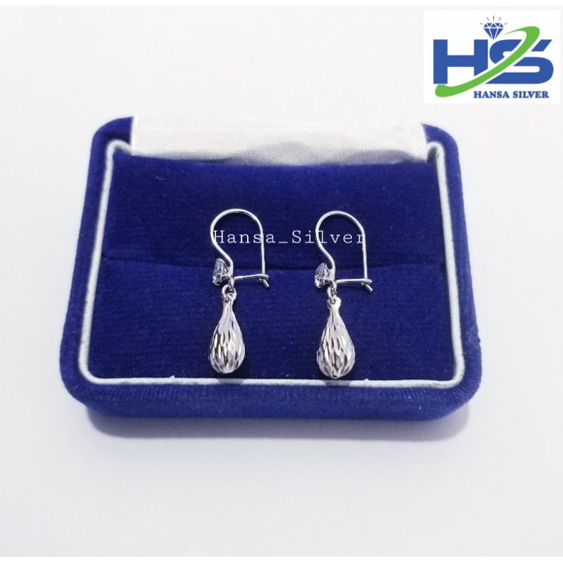 Anting Perak Wanita Silver Asli 925 Lapis Emas Putih Model Agogo Lojong Ukir - Anting Wanita Anti Karat