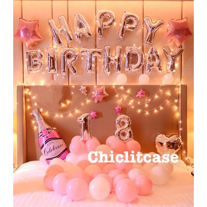 Set paket dekorasi balon ulang tahun dewasa led tema pink cewe valentine romantis