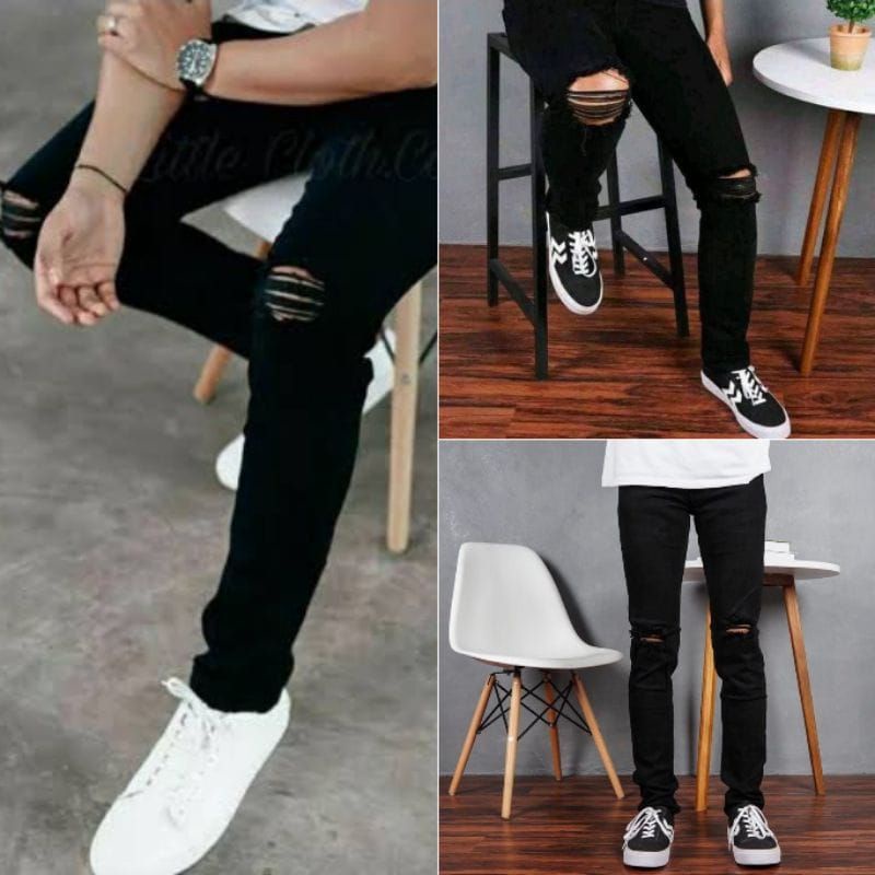 Celana Jeans Pria sobek lutut robek ripped destroy premium softjeans streetch melar slimfit skinny - Lesvaringo