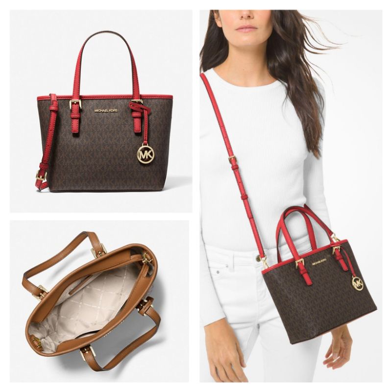 TAS WANITA MICHAEL KORS EXTRA SMALL JET SET TRAVEL TOTE SIGNATURE BROWN RED