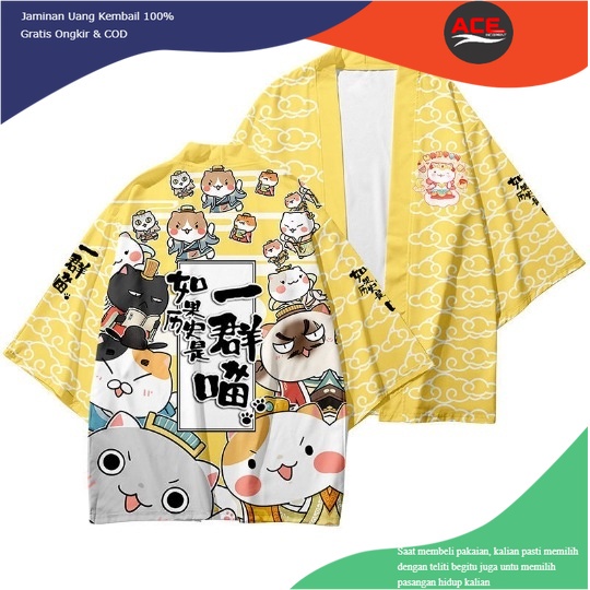BAJU Fashion Loose Women Men Cartoon Cat Japanese Beach Kimono Jepang Wanita Pria