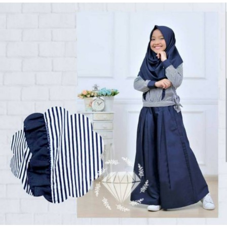 Baju Setelan Anak Muslim Dress + Hijab Khimar Muslim Anak Cewek Wanita Salur Garis Garis Usia 8-10 Tahun //Setelan Tunik Ceribelle Kidz// Baju Tunik Anak Perempuan Matt Katun Salur Motif Asli Kombi Baloteli Polos-navy