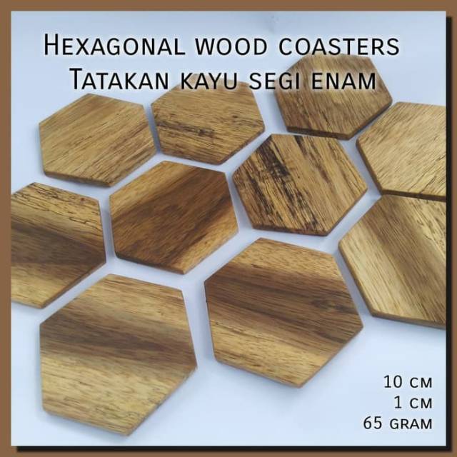 Hexagonal 10 cm wood coasters tatakan gelas kayu alami segi enam unik antik