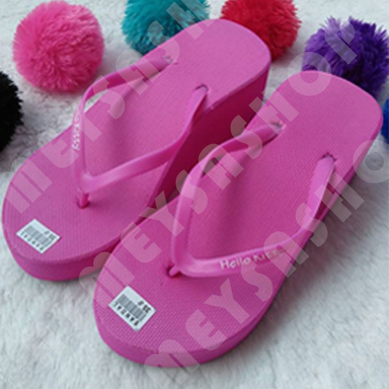 Sandal Wedges Spon dengan POMPOM / BULU / UBUR UBUR