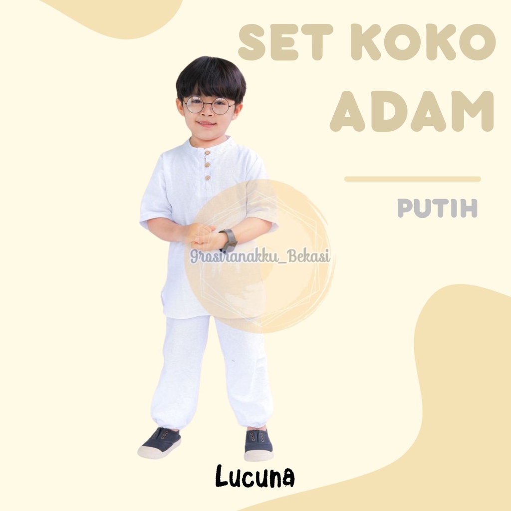 Setelan Koko Adam Putih Manasik Haji Anak Lucuna Size 1-5Thn