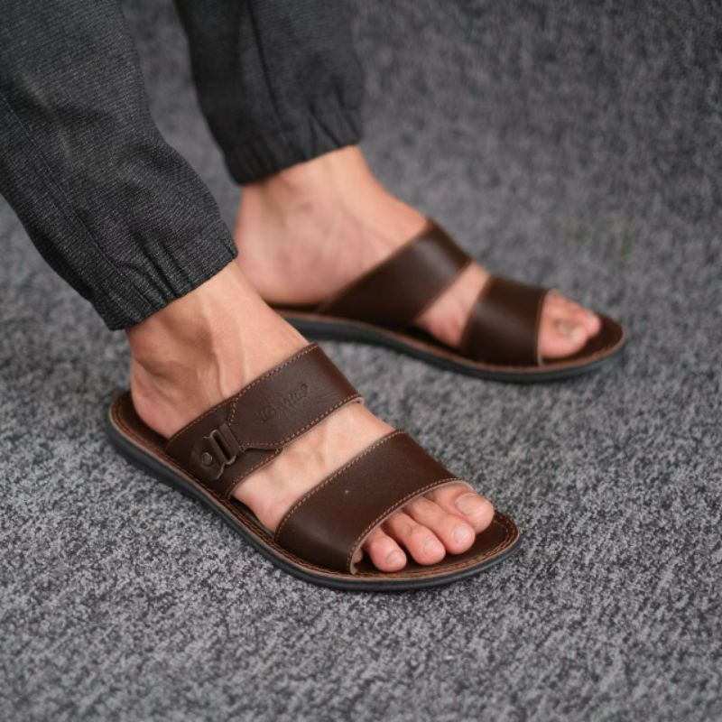 BRLN 005 Brown Sandal Pria Original Full Kulit Asli Sapi Sendal Slide Slop Selop Casual Formal