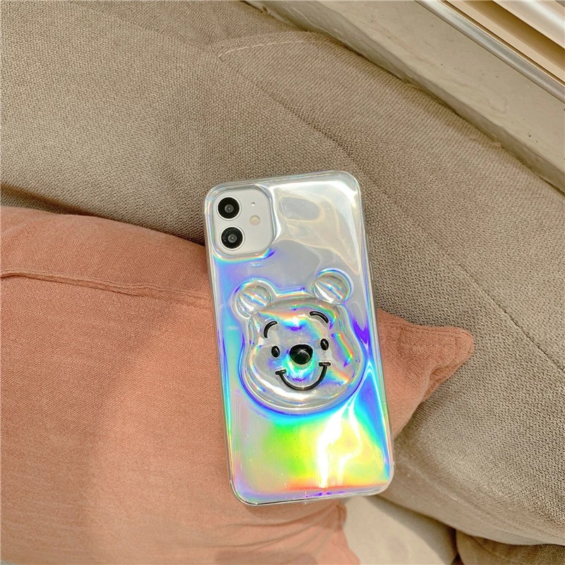 Iphone14 12 13 Pro Max12 Mini Lucu Jernih Bling 3D Bear Head Laser Phone Cover Case IPhone X 11 Pro Xs Max Xr 6 7 8 Plus IPhone SE 2020 Casing Cewek Lembut Mewah