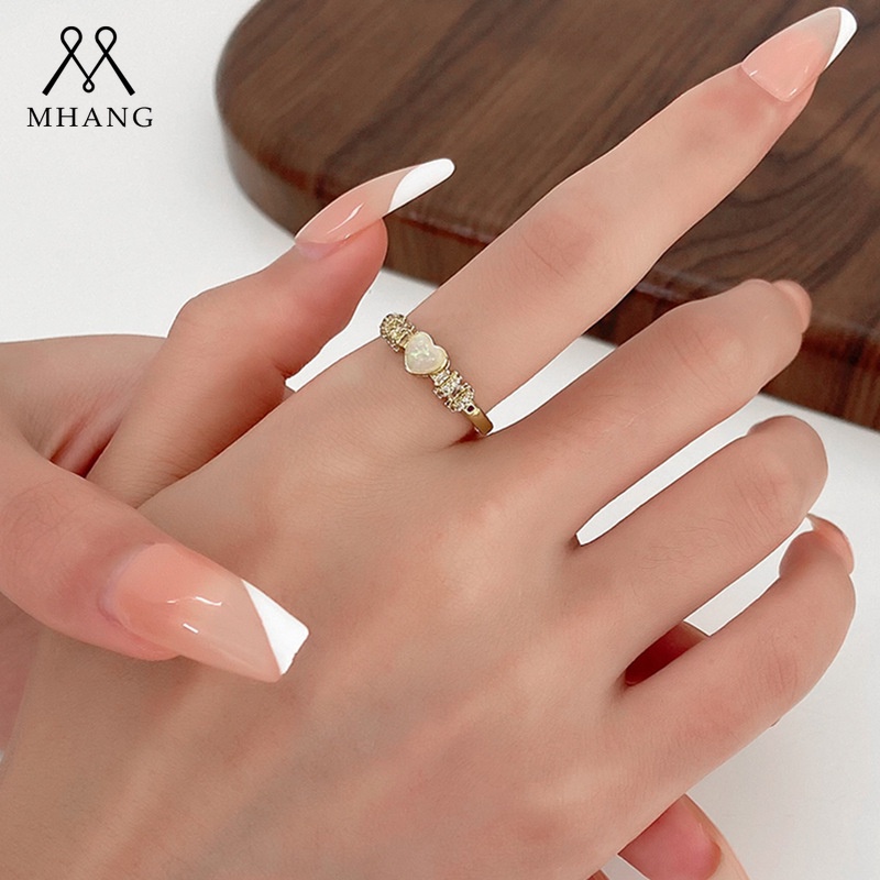 Cincin Metal Elegan Model Terbuka Bisa Disesuaikan Dengan Opal Bentuk Hati Untuk Wanita