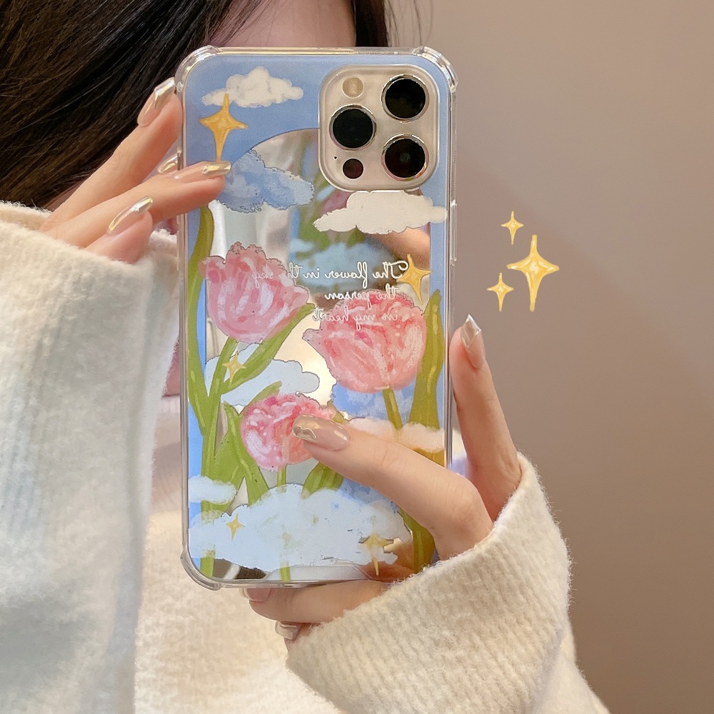 IPHONE Ins Phone Cover Blooming Tulip Mirror Case Untuk Iphone7 8 PLUS X XR XS 11 12 13 14 MINI PRO MAX SE 2020 Pelindung Tahan Guncangan