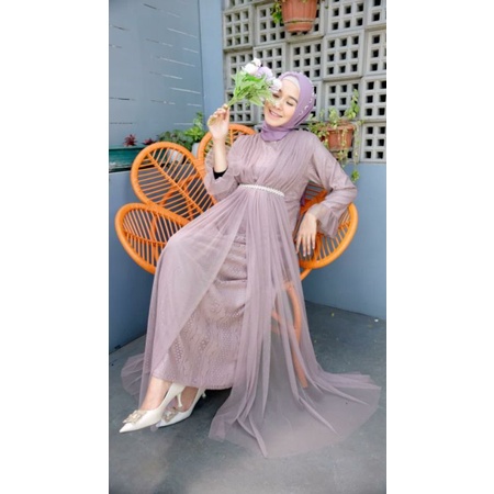 Baju gamis maxi long dress pesta lebaran 2025 muslim mewah premium brokat brukat tile tule embro ren