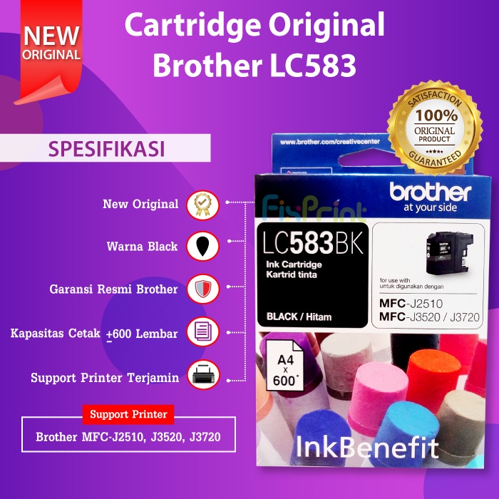 Original Brother LC583BK LC583 Black C/M/Y Ink Benefit Cartridge Tinta Printer J2510 J3520 J3720