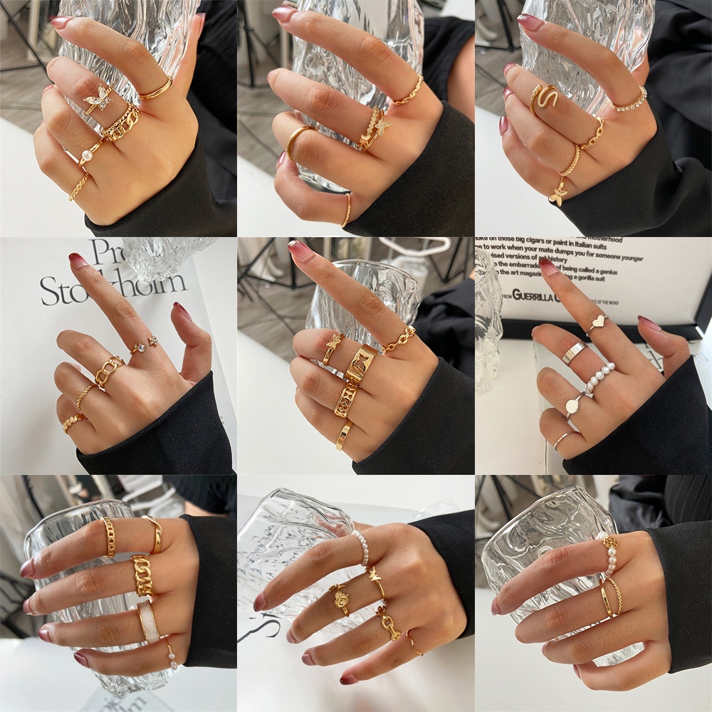 Fashion Butterfly Crystal Pearl Ring Set Women Gold Silver Finger Rings Love Heart Chain Adjustable Jewelry Accessories