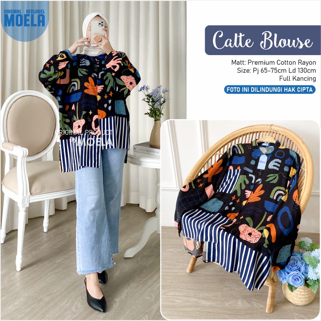 LD 130 CALTE BLOUSE ORI MOELA PREMIUM COTTON RAYON PJ 65-75 FULL KANCING BLUS JUMBO BIGSIZE OVERSIZE