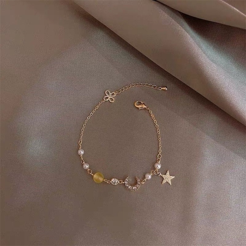 Gelang Rantai Adjustable Pendan Bintangbulan Hias Zirconmutiara Imitasi Gaya Korea