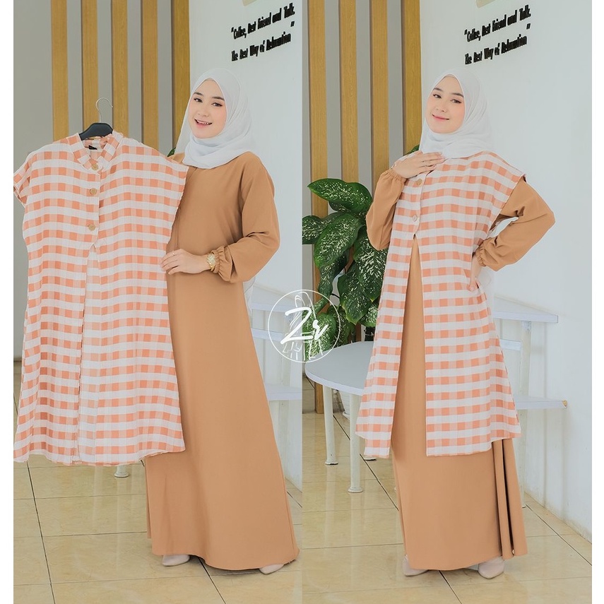 Gamis set outer klarissa ori zr lebaran series motif kotak kotak cantik elegant korea style