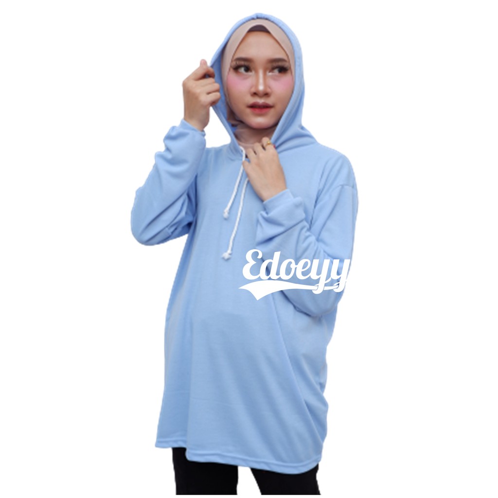 Kaos Polos BIRU MUDA Kupluk Hoodie Wanita Lengan Panjang / Baju Olahraga Jogging Cewek / Kaos Bike