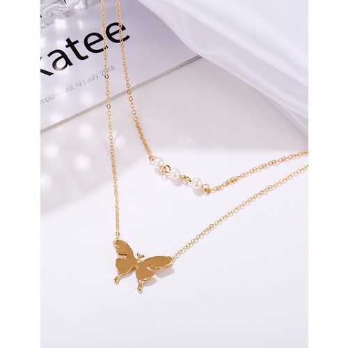 LRC Kalung Fashion Golden Imitation Pearl Butterfly Alloy Double K50060