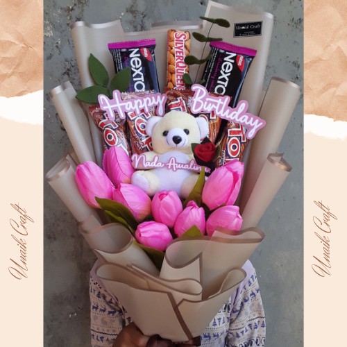 Buket boneka bungan Snack hadiah wisuda ulang tahun buket murah mewah chellopine warna coklat buket