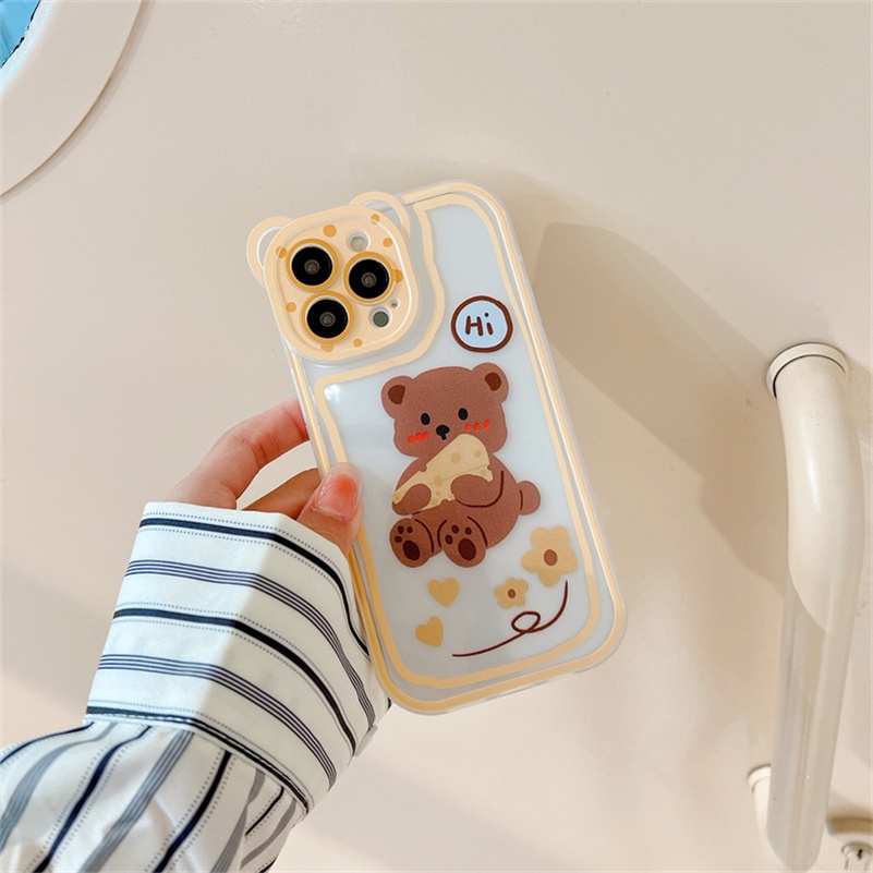 Soft Case Silikon Motif Beruang Keju Untuk Compatible for iPhone 14 13 12 11 Pro Max X Xr Xs Max iPhone 8 7 6 6s Plus SE 2020 Cheese Bear Clear Phone Case Bear Lens All-Inclusive Silicone Shockproof Anti-fall Phone Cover