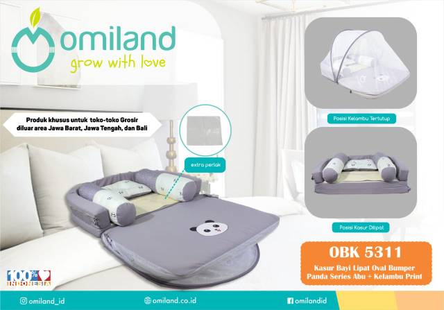 [2 kg] Omiland Kasur Bayi Lipat Oval Bumper Print Abu + Kelambu Panda Series - OBK 5311