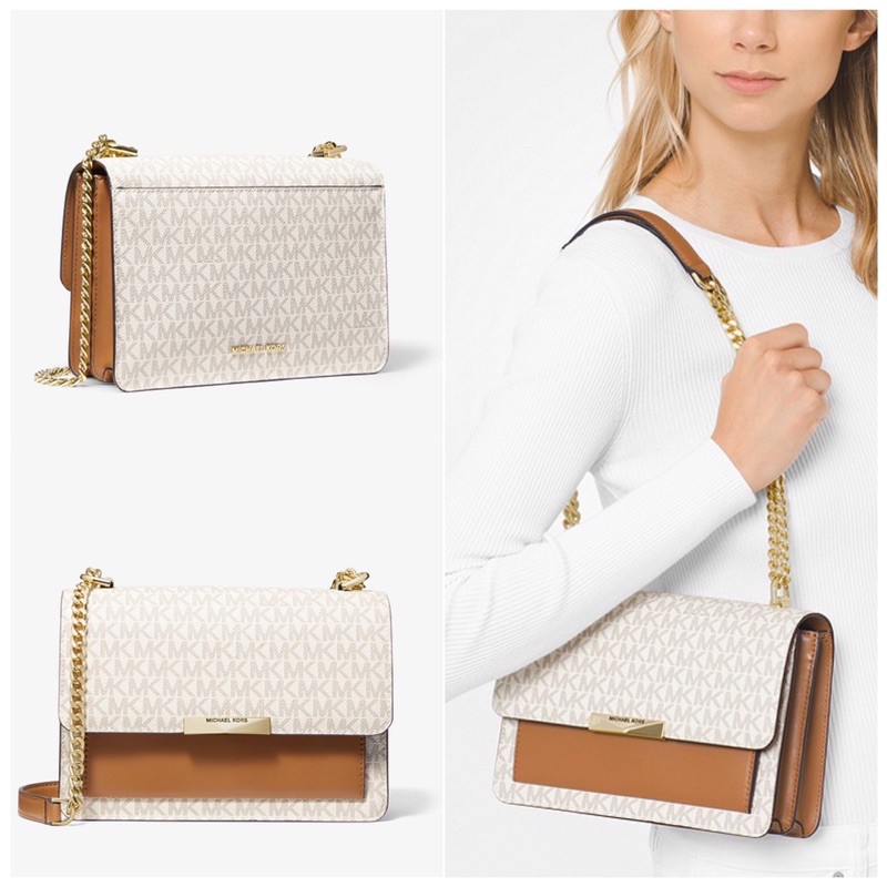 MK Jade Large Logo and Leather Crossbody Bag - Vanilla/ Acorn