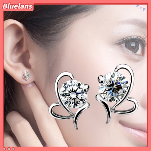 Anting Stud 925 Sterling Silver Bentuk Hati Bulat Aksen Zircon Untuk Wanita