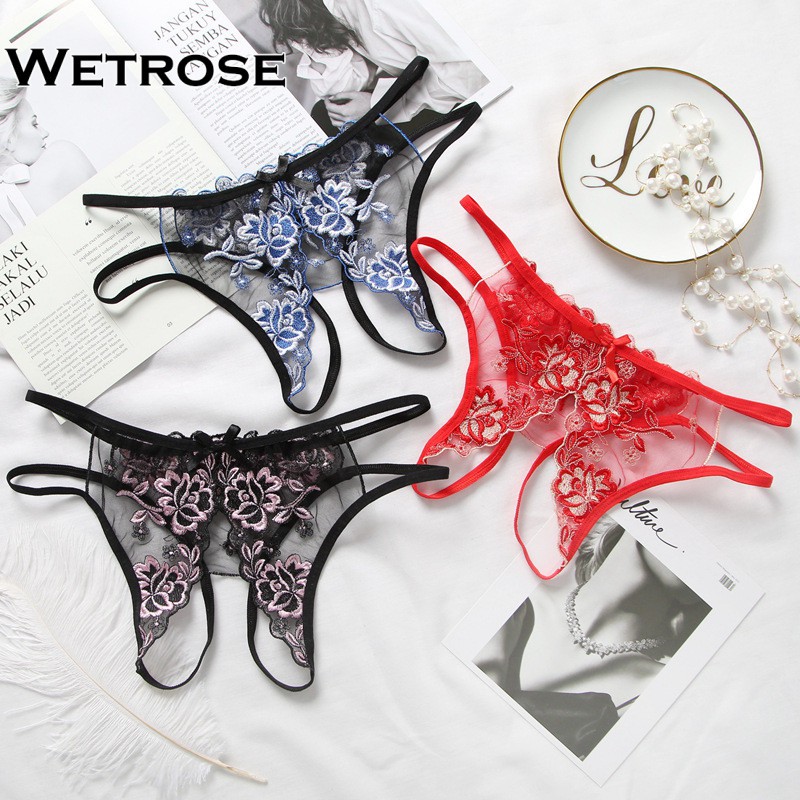 【Wetrose】 Celana Dalam Thong Bahan Lace Desain Bordir Gaya Sexy Erotis Menarik Untuk Wanita