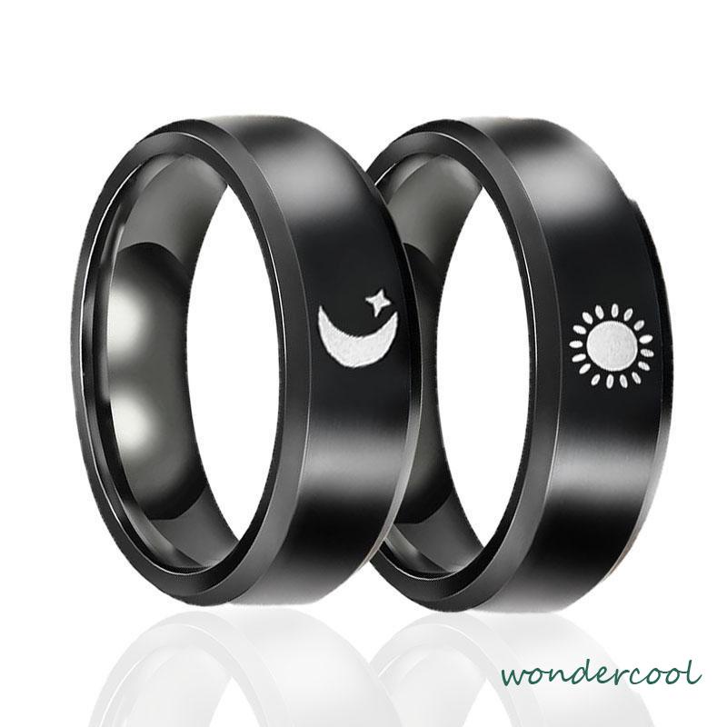 Simple Moon Sun Couple Trendy Wide Love Rings Hadiah Indah untuk Pacar Pacar di Hari Valentine-Won