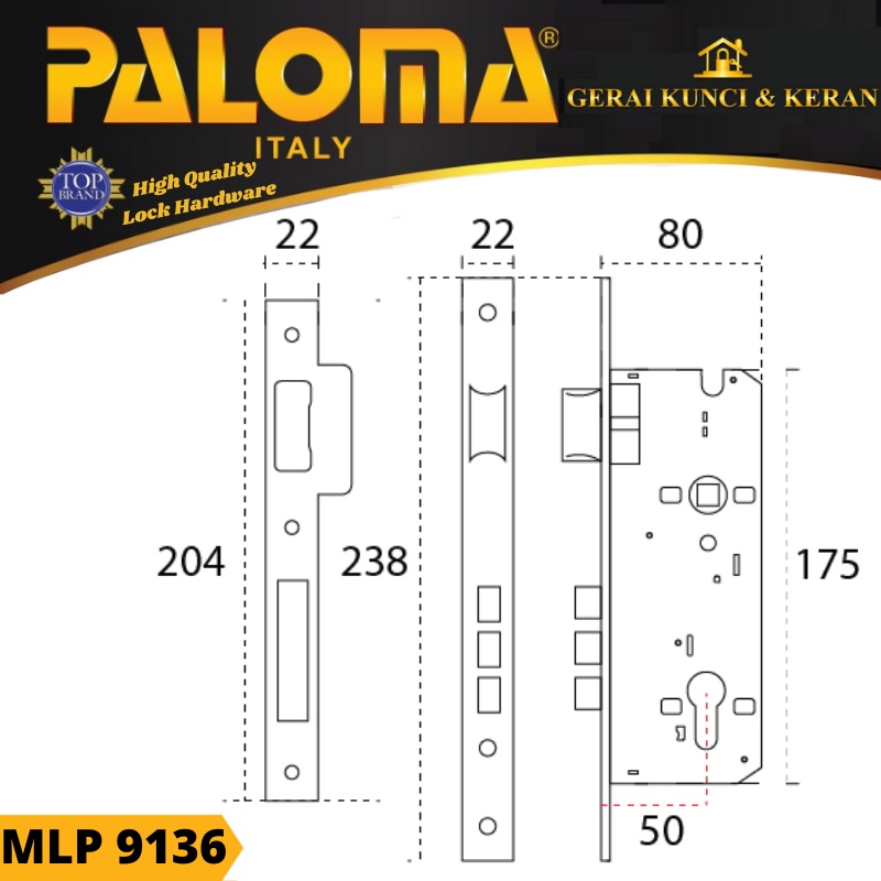 PALOMA MLP 9136 MORTISE LOCK SWING 50 MM EXCLUSIVE ITALY PB GOLD EMAS