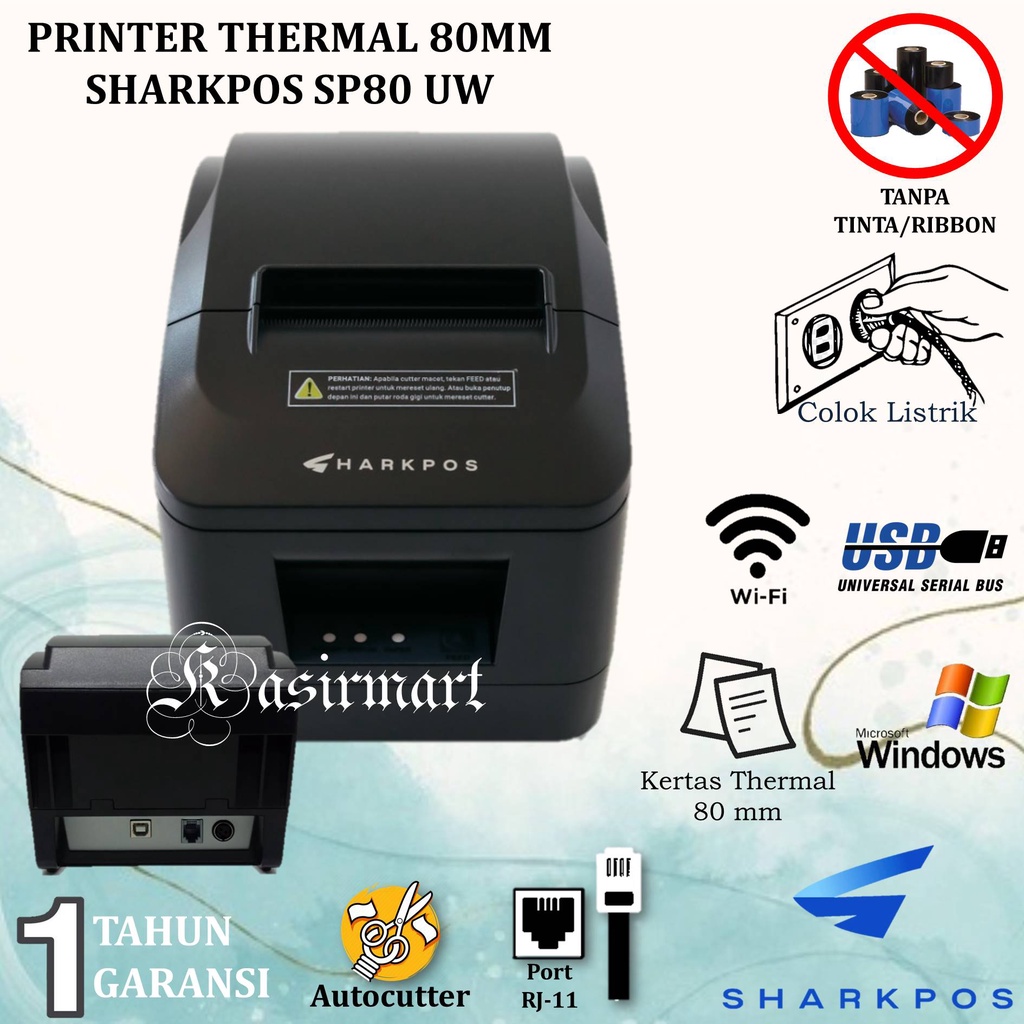 printer thermal 80mm sharkpos sp80uw usb wifi cetak struk kertas thermal 80x80 bukan printer bluetoo