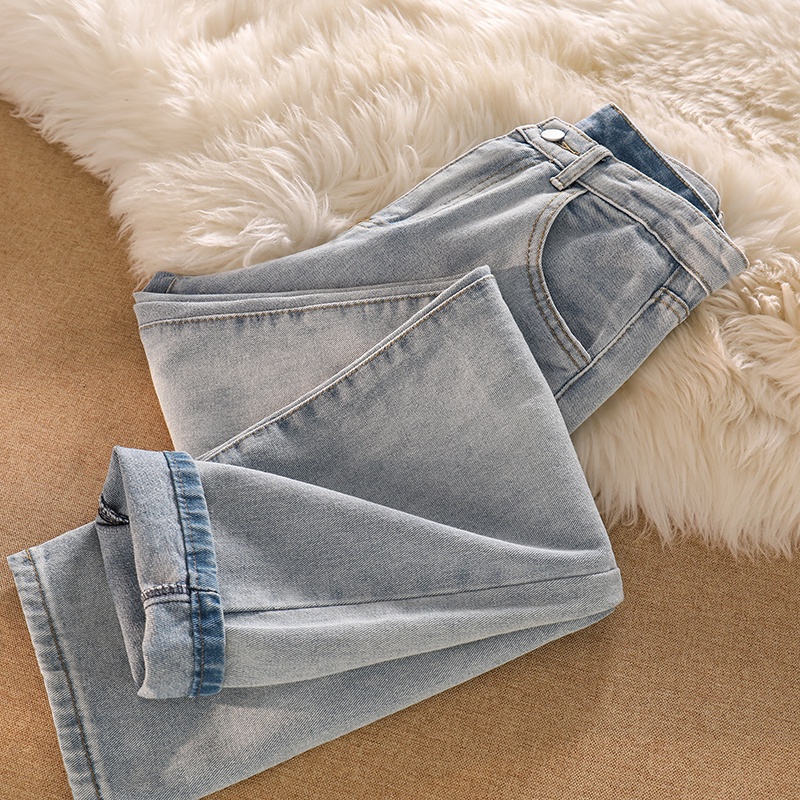 New Korean retro high-waist loose jeans straight-legged wide-legged celana panjang wanita(realpict)