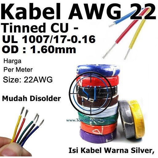 Kabel AWG 22 Tinned CU AWG22 Single Serabut Up To 80 Celcius Per meter 1 Jalur Warna Warni Tembaga Copper Bisa Disolder