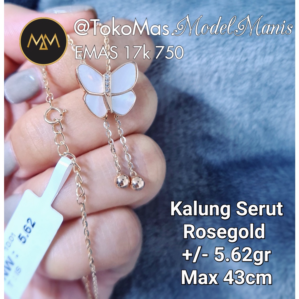 Kalung Serut Mariposa kupu putih emas rosegold 750 kadar 17k
