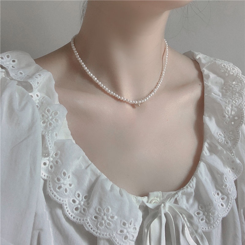 Kalung Choker Rantai Pendek Hias Manik-Manik Mutiara Gaya Korea Untuk Wanita