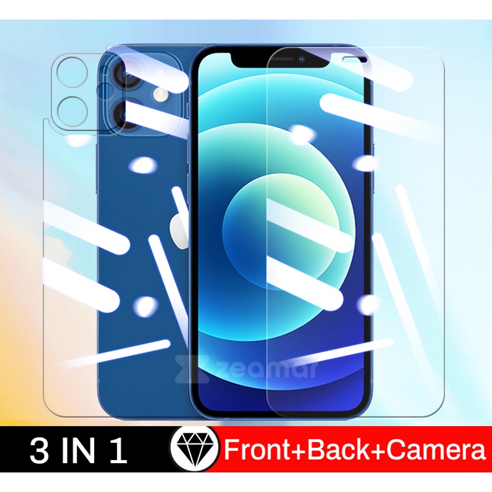 3 In 1 Tempered Glass Pelindung Layar Depan Dan Belakang Untuk IPhone 11 13 12 Pro Max Mini 7 8 Plus X XS Max XR