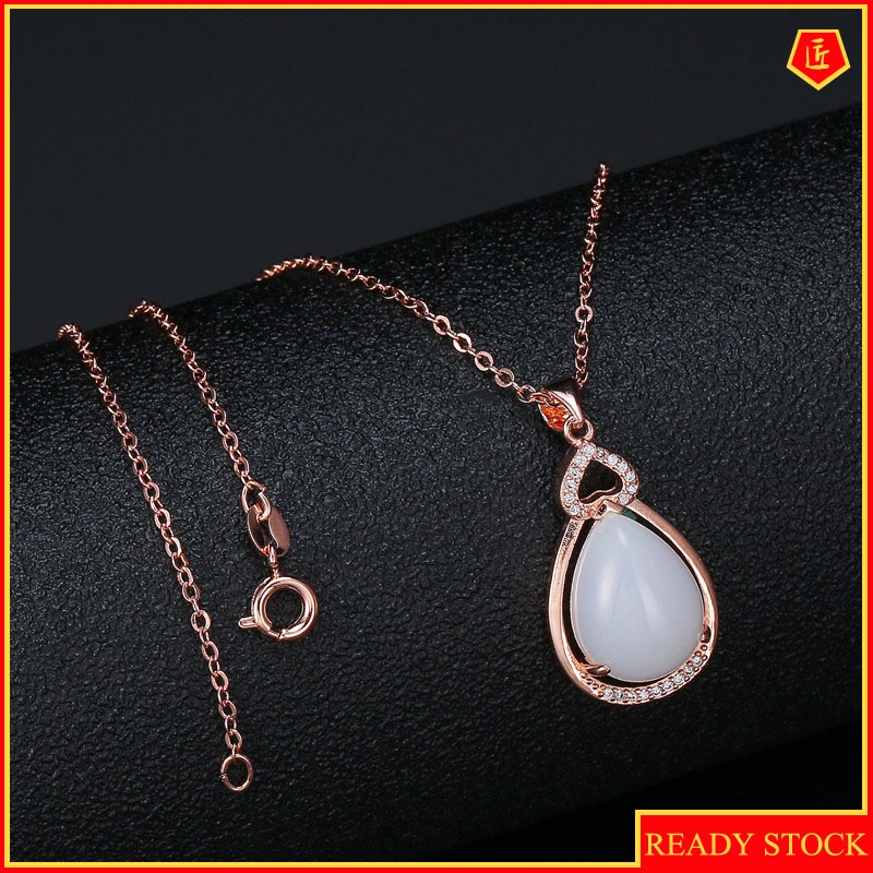 [Ready Stock]Fashion Gold-Plated Inlaid Jade Water Drop Pear-Shaped Pendant Necklace