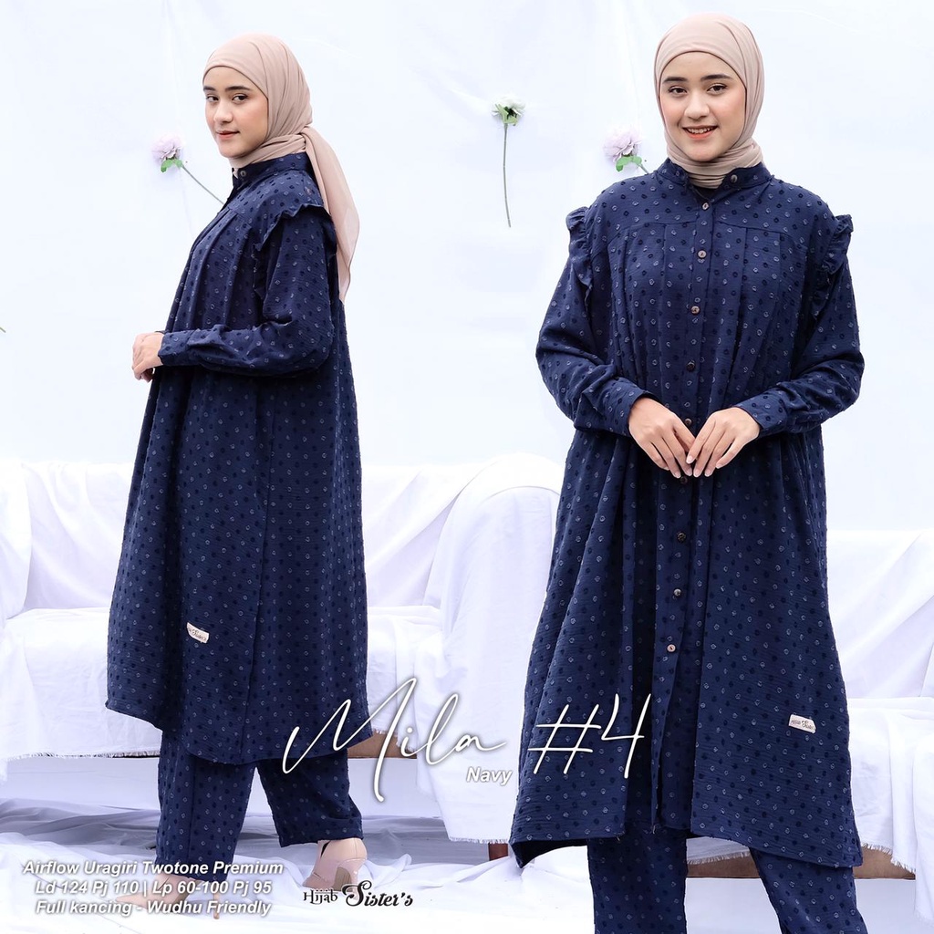 Hijab Sisters Mila One Set Baju Setelan Wanita Long Tunik Bahan Airflow Premium LD 124-4