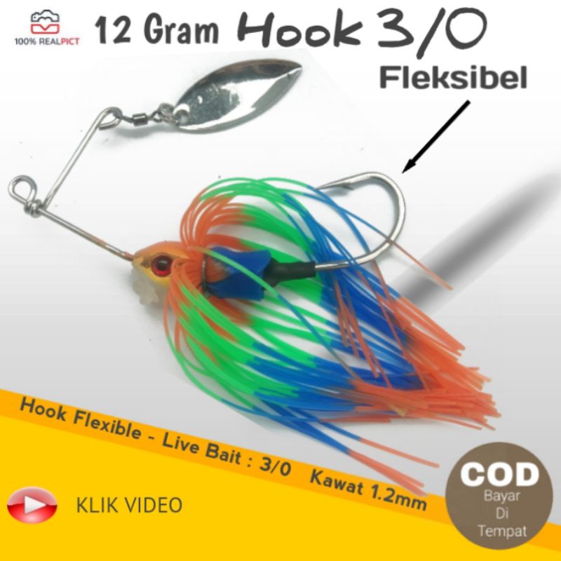 Umpan Casting Cesting Kesting Kasting Spinner Spiner Bait Gabus Toman Mini Terminator Hook 3/0 12 Gr