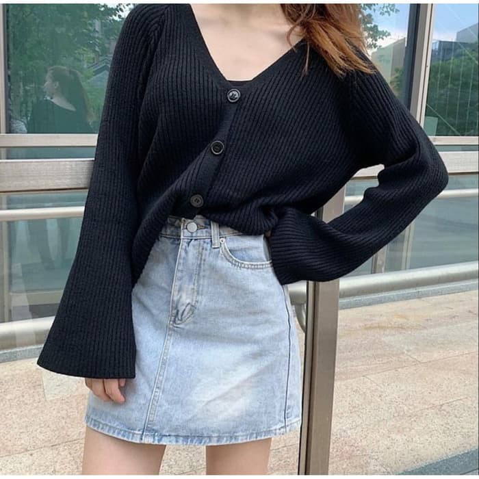 Cardigan rajut crop gaya korea [Cardi Bobo Rajut Black BC]Cardigan wanita rajut hitam kardigan cewek